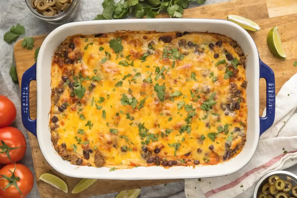 Top view of cheesy enchilada casserole with beef, black beans, melted cheese, and fresh cilantro in a baking dish