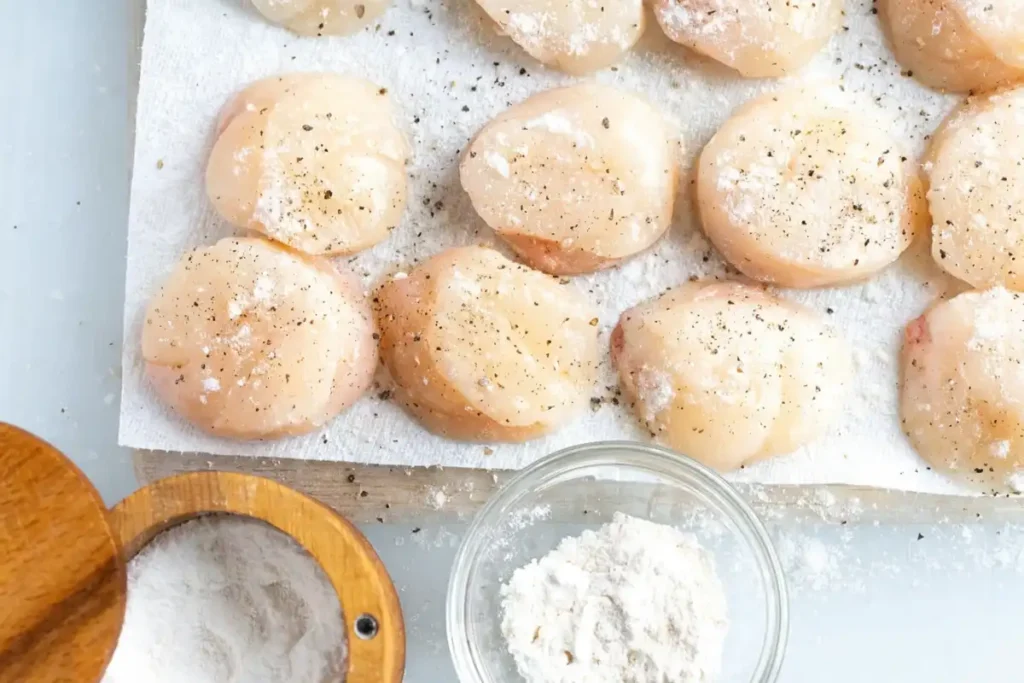 Raw sea scallops on paper towel, lightly dusted with flour and seasoned with salt and black pepper, with a small bowl of flour nearby
