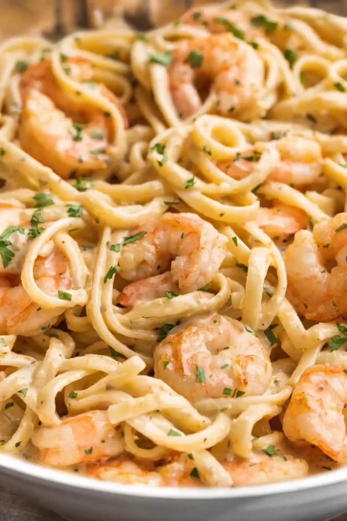 Creamy garlic shrimp pasta with linguine, juicy shrimp, and parsley in a rich sauce