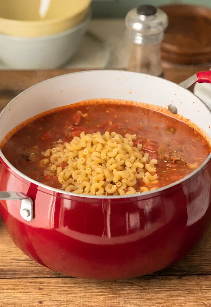 Goulash recipe in a red pot with macaroni added to simmering tomato beef sauce