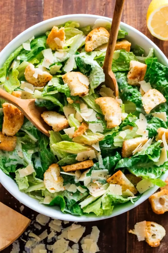 Homemade Caesar salad with romaine lettuce, crunchy croutons, parmesan cheese, and creamy dressing in a bowl