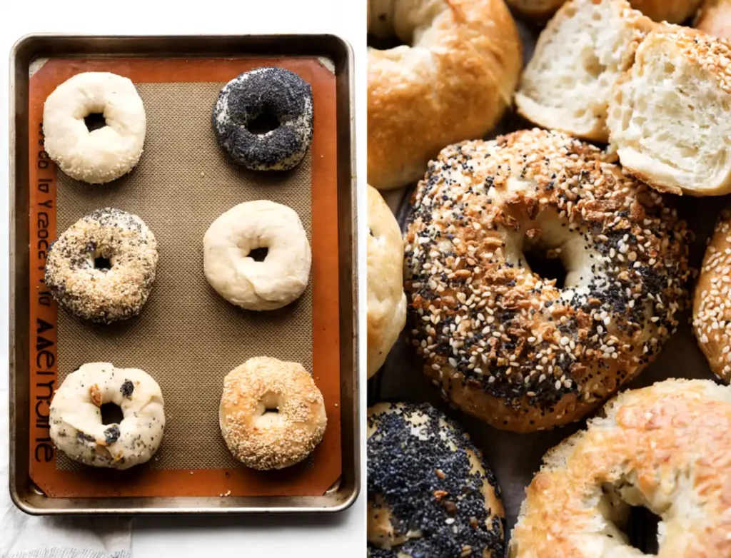 Side by side view of raw bagels on a baking tray and freshly baked bagels with golden crust and assorted toppings