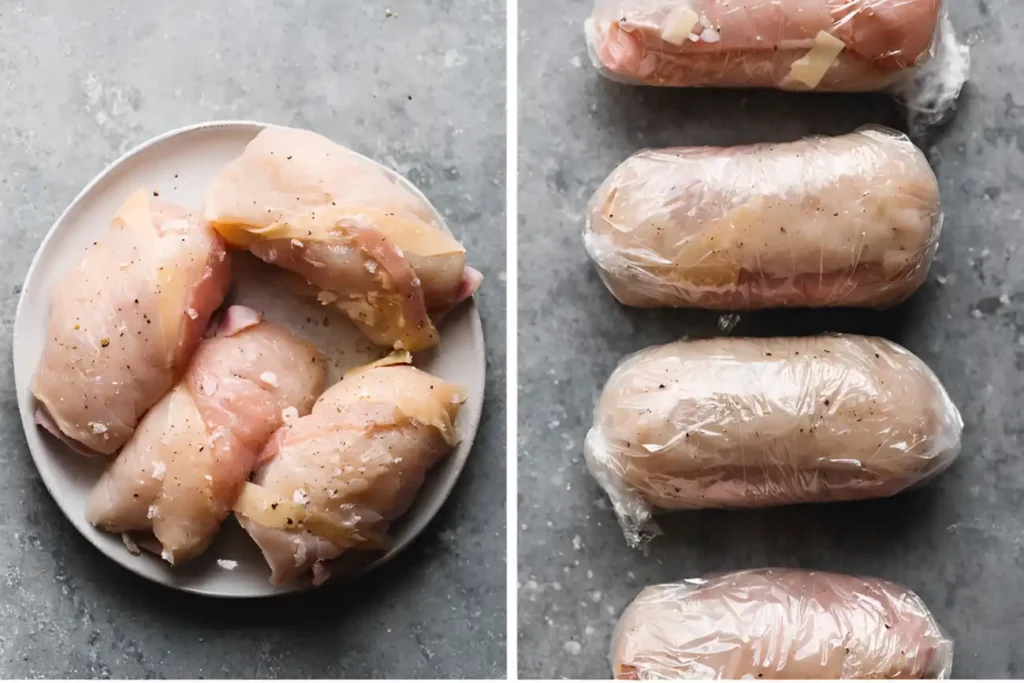 Raw chicken cordon bleu rolls with ham and cheese, seasoned and wrapped in plastic, shown on a plate and arranged on a gray surface.