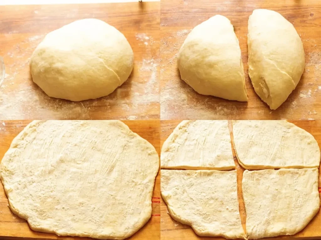 Step by step crescent rolls dough preparation showing dough ball rolled flat and cut into sections on wooden surface