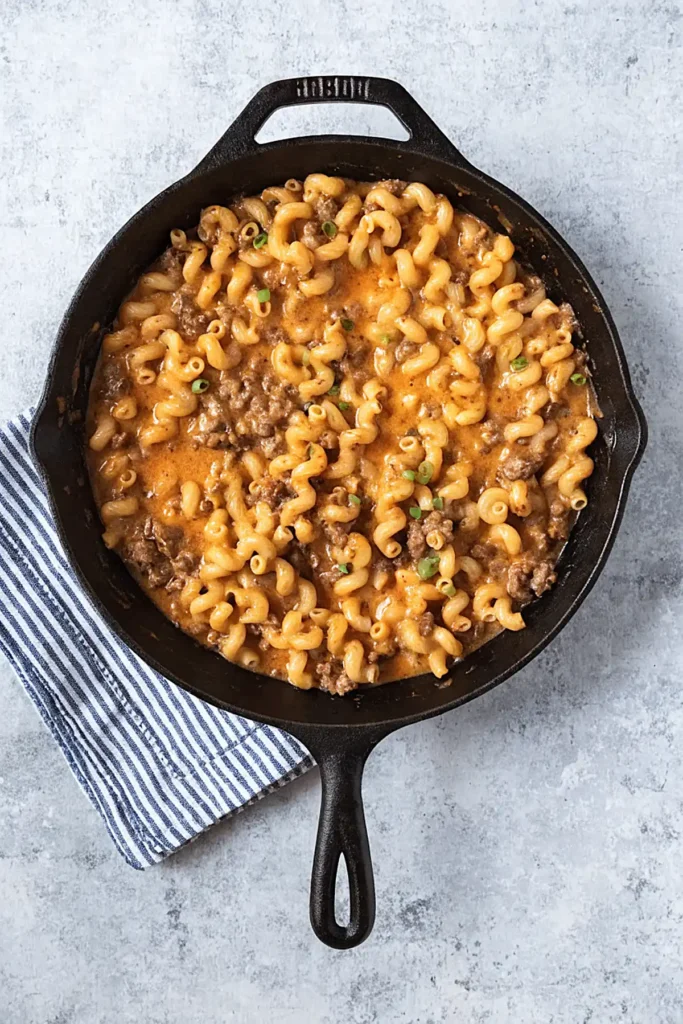 Homemade hamburger helper in cast iron skillet with creamy cheese sauce ground beef and elbow macaroni