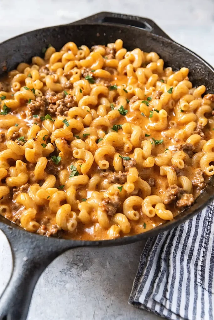 Homemade hamburger helper in a cast iron skillet with creamy cheese sauce, ground beef, and elbow macaroni