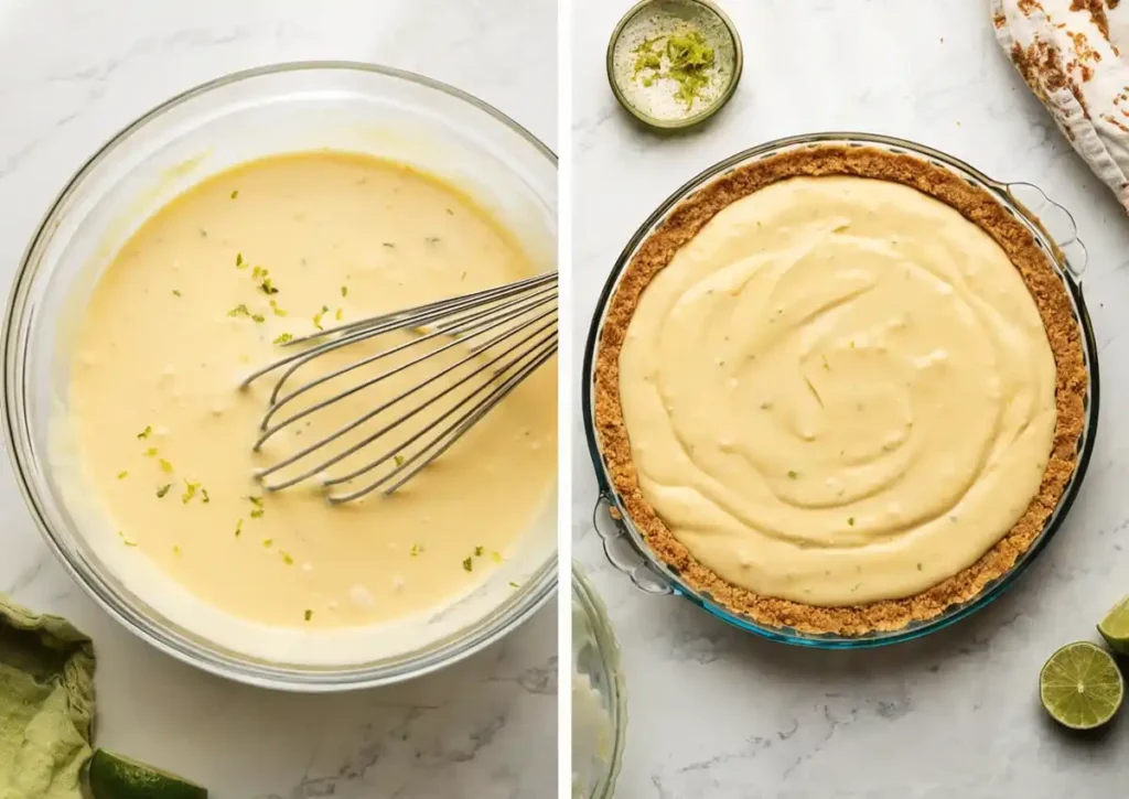 Key lime pie filling being mixed and poured into graham cracker crust in step by step process