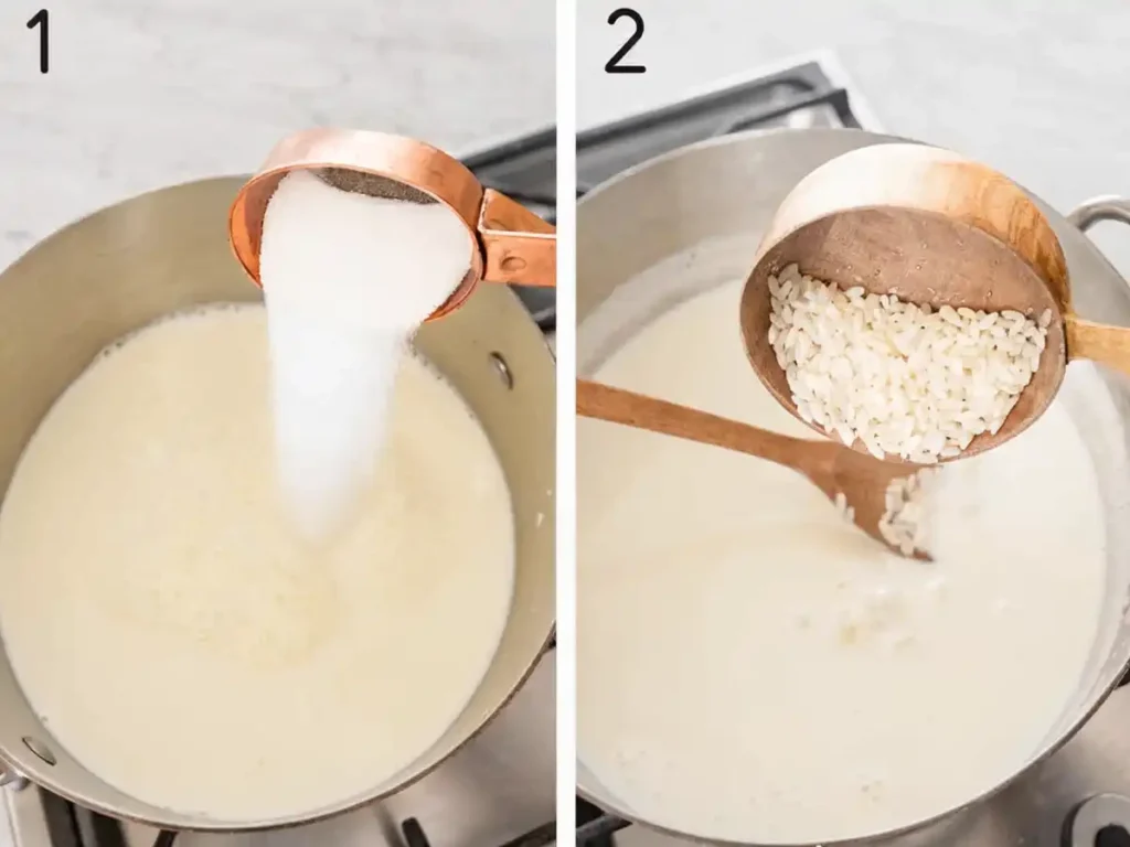 Adding sugar and rice to milk in a saucepan for rice pudding