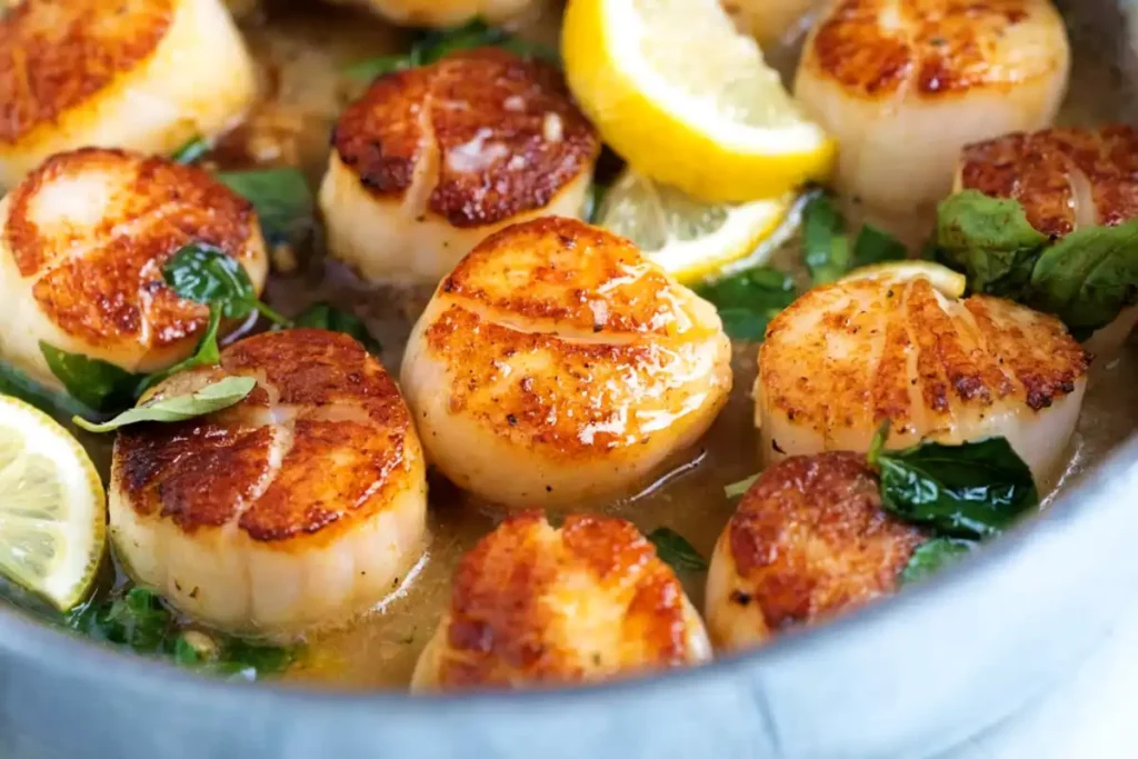Pan seared scallops with golden crust in garlic butter sauce, topped with fresh basil and lemon slices in a skillet