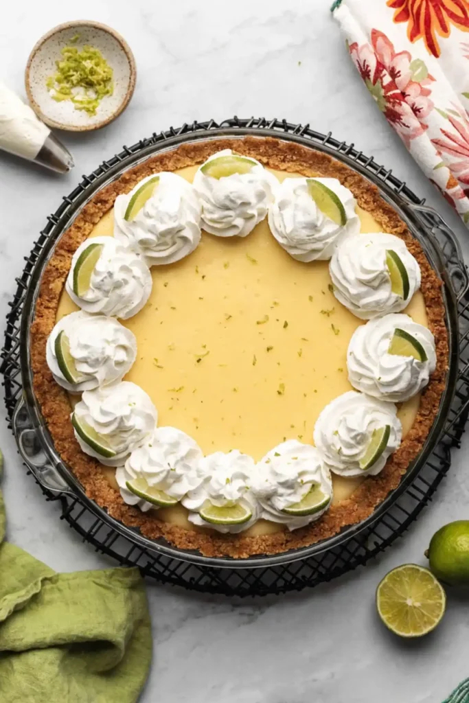 Key lime pie with whipped cream swirls and lime slices in graham cracker crust on cooling rack