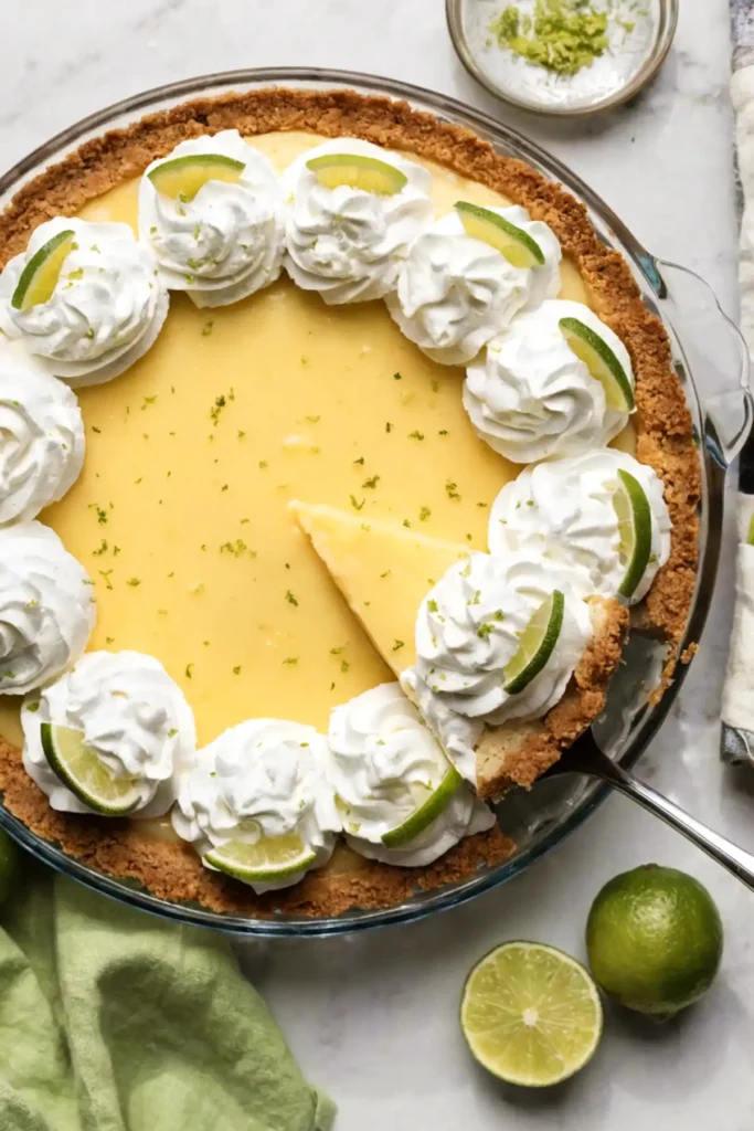 Key lime pie with whipped cream topping, lime slices, and graham cracker crust with a slice being served