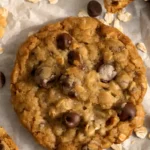 Soft oatmeal chocolate chip cookie on parchment paper with visible oats, melted chocolate chips, and golden crisp edges in a close-up overhead view.