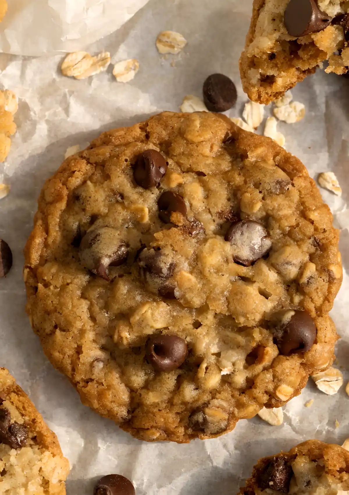 Soft oatmeal chocolate chip cookie on parchment paper with visible oats, melted chocolate chips, and golden crisp edges in a close-up overhead view.