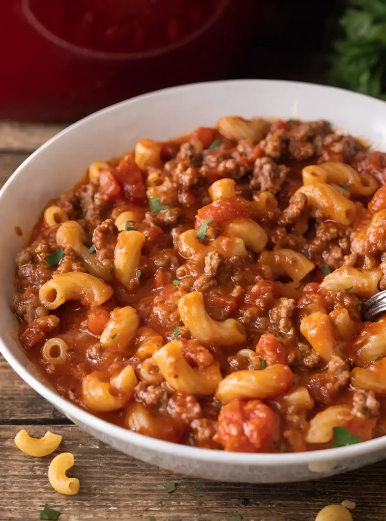 One pot goulash served in a bowl with macaroni, ground beef, and thick tomato sauce