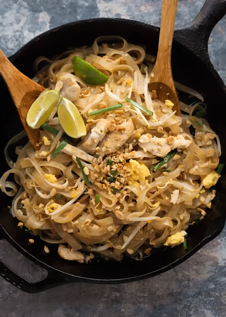 Chicken pad thai in a skillet with rice noodles, bean sprouts, eggs, peanuts, and lime wedges