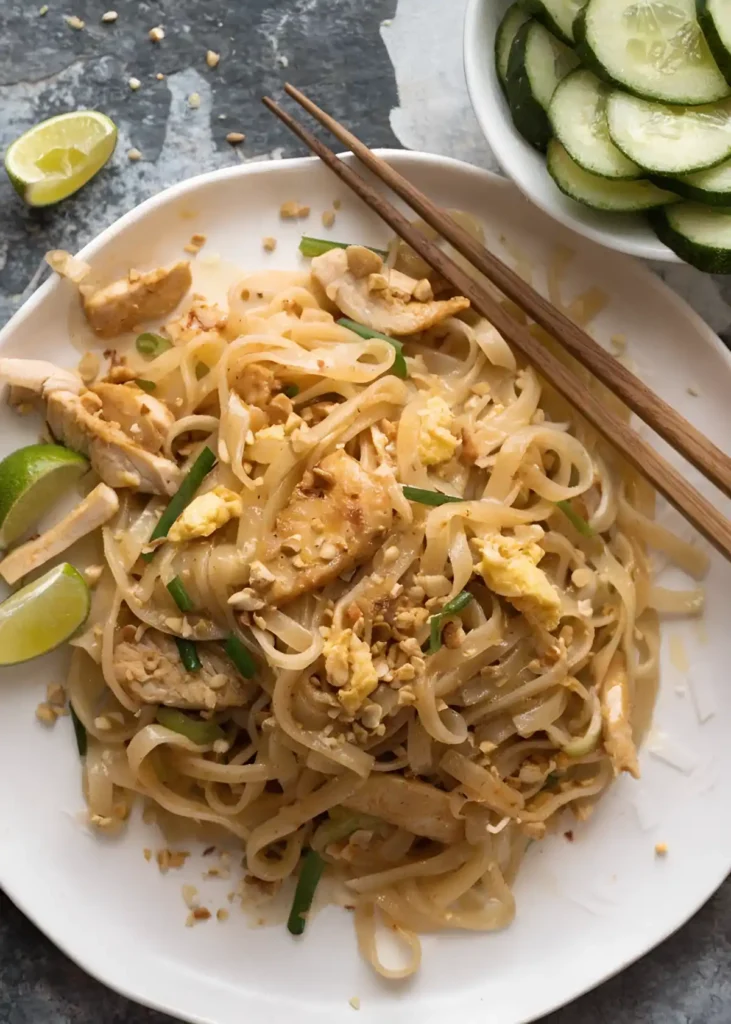 Chicken pad thai on a white plate with rice noodles, eggs, peanuts, lime wedges, and chopsticks