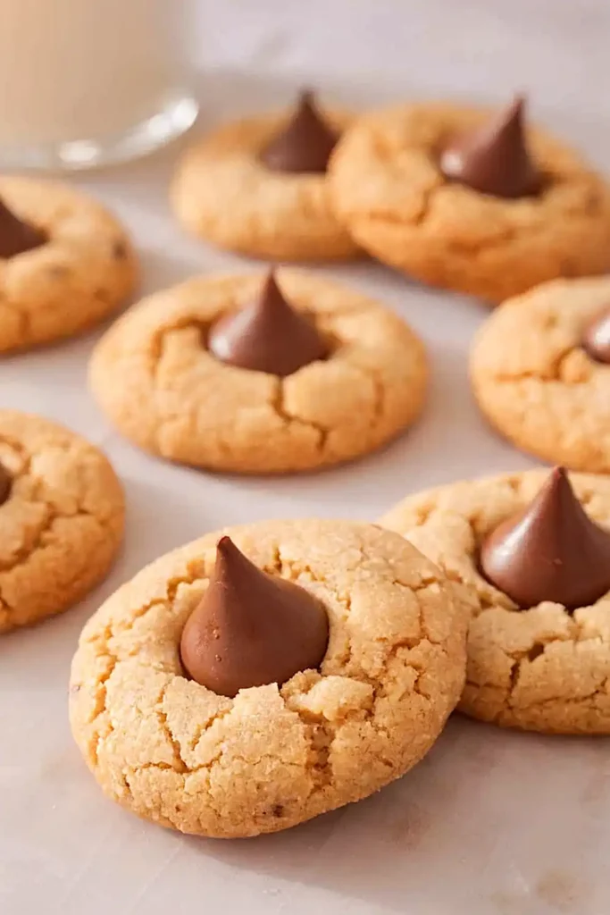 Peanut butter kiss cookies with soft centers and chocolate kisses on top
