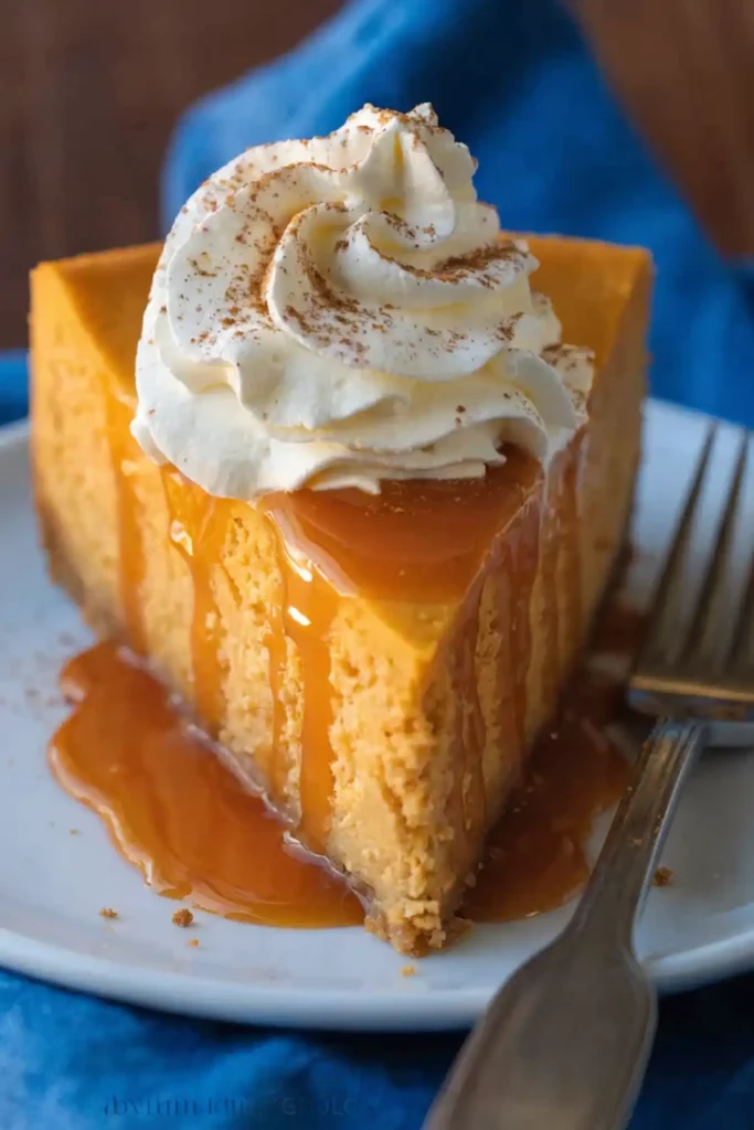 Pumpkin cheesecake slice with whipped cream and caramel sauce on white plate