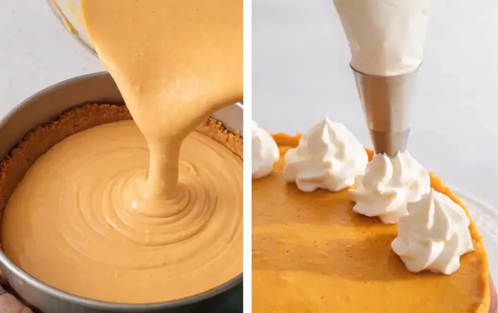 Pumpkin cheesecake batter poured into crust and whipped cream piped on baked cheesecake
