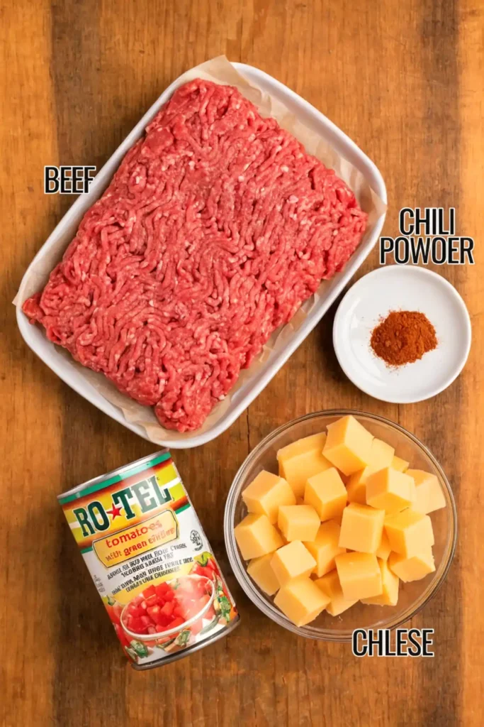 Rotel dip ingredients with ground beef, cubed cheese, Rotel tomatoes, and chili powder arranged on a wooden table.