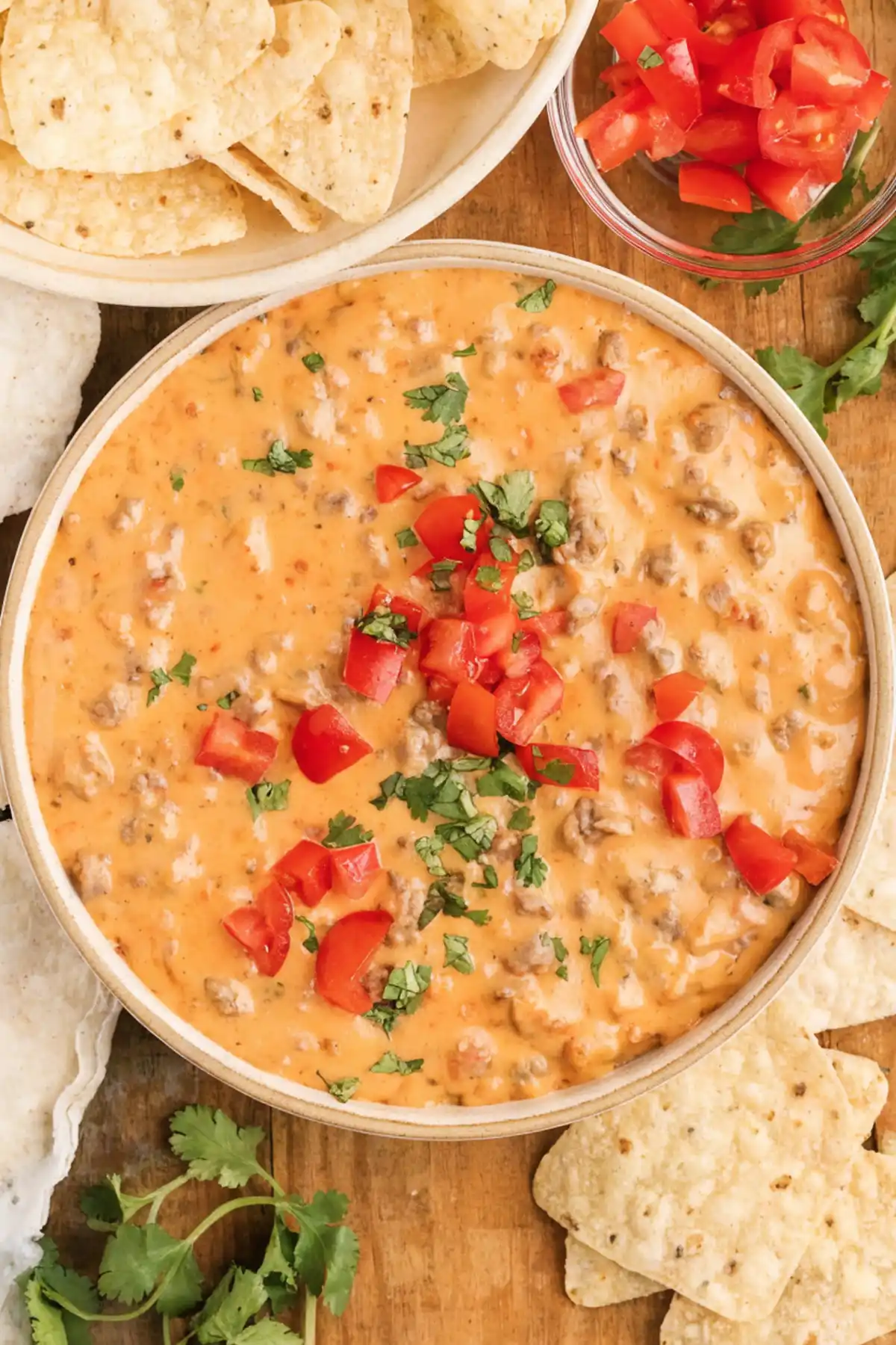 Creamy rotel dip topped with diced tomatoes and cilantro in a bowl, surrounded by tortilla chips on a wooden table.