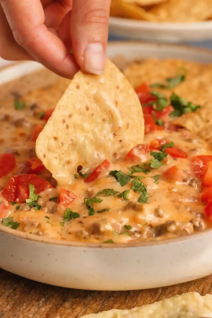 Hand dipping a tortilla chip into creamy sausage rotel dip topped with tomatoes and cilantro in a shallow bowl.