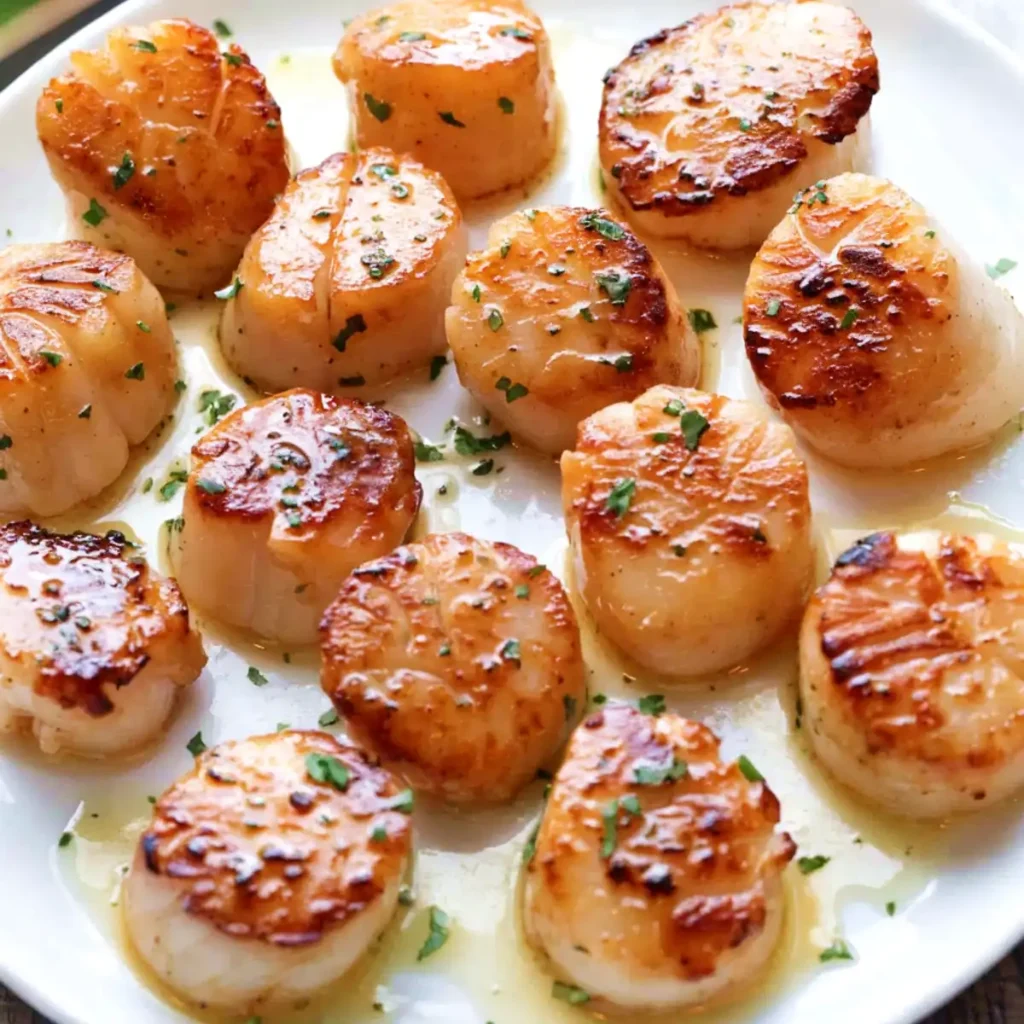Pan seared scallops with golden crust on a white plate, drizzled with butter sauce and topped with chopped herbs