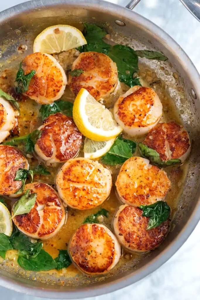 Pan seared scallops with golden crust in garlic butter sauce, topped with fresh basil leaves and lemon slices in a skillet