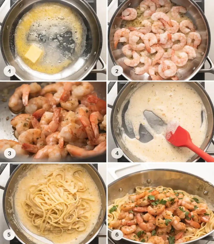 Step by step creamy shrimp pasta recipe showing butter, shrimp cooking, sauce, pasta mixing, and final dish
