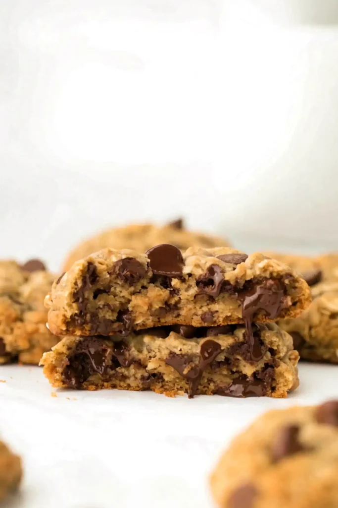 Soft oatmeal chocolate chip cookies cut in half with melted chocolate center, stacked on a white surface with blurred cookies in the background.