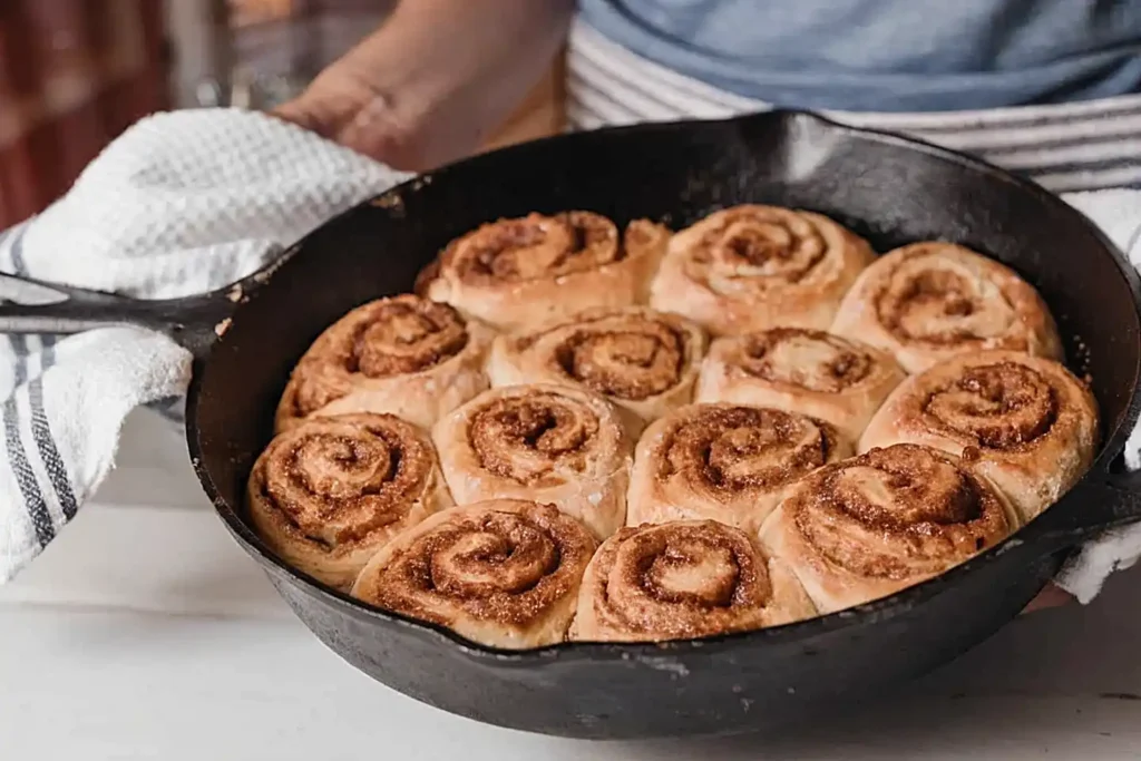 Freshly baked sourdough cinnamon rolls in a cast iron skillet with golden brown swirls and soft texture