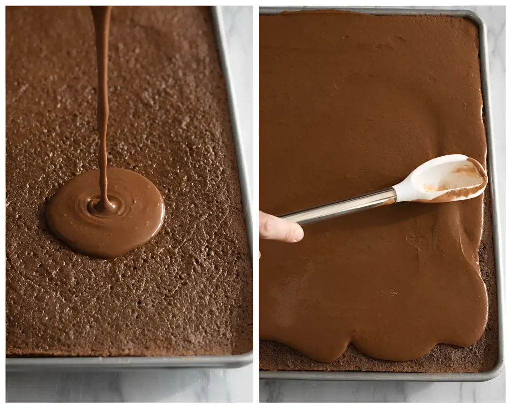 Warm chocolate frosting being poured and spread over freshly baked Texas sheet cake in a sheet pan