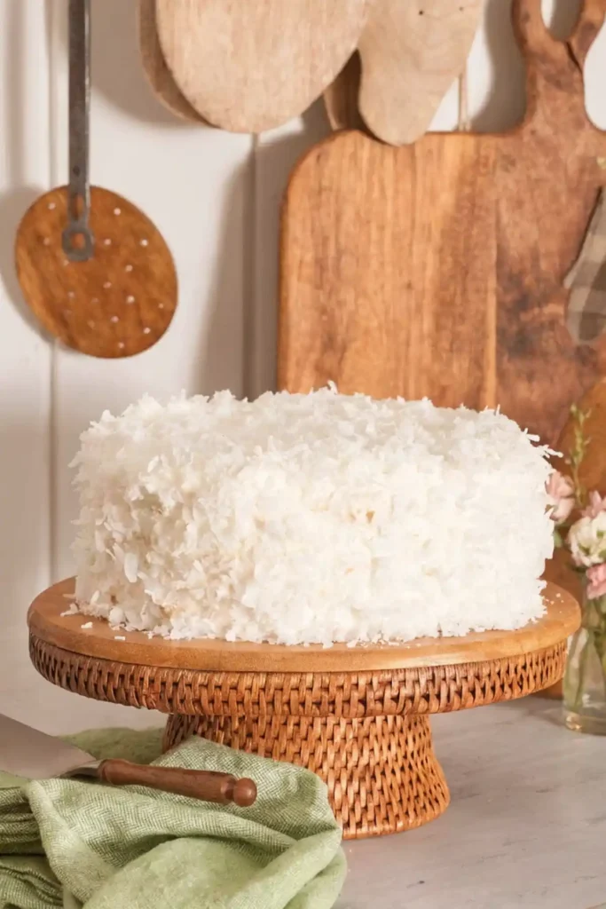 Whole coconut cake covered in shredded coconut on a wooden cake stand in a rustic kitchen setting.