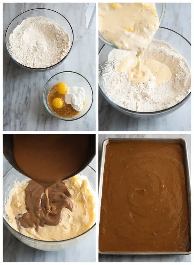 Step by step collage showing how to make Texas sheet cake batter in a bowl and spread it into a sheet pan