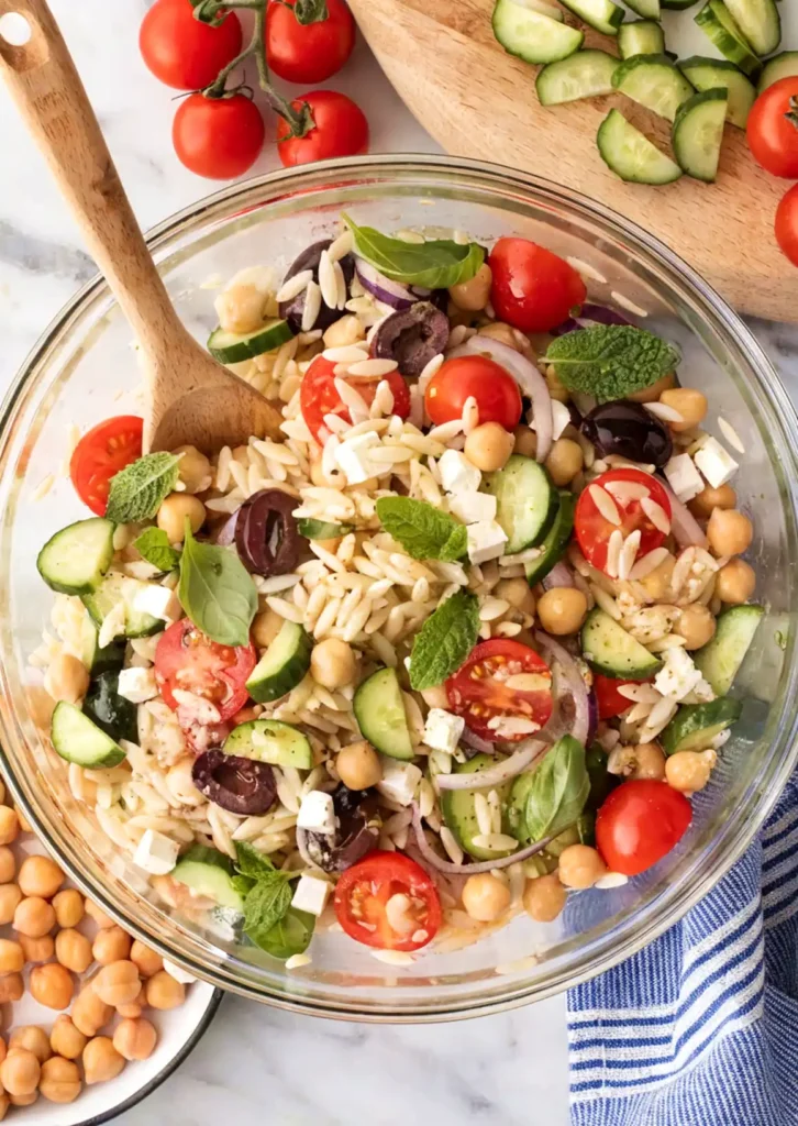 Greek orzo salad in a glass bowl with chickpeas, cucumbers, cherry tomatoes, feta cheese, Kalamata olives, red onions, basil, and mint.