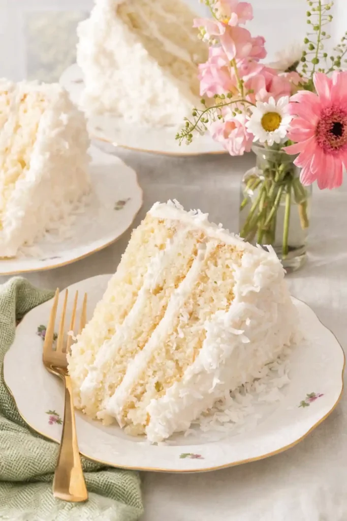 Slice of homemade coconut cake on a white floral plate with a gold fork and fresh pink flowers in the background.