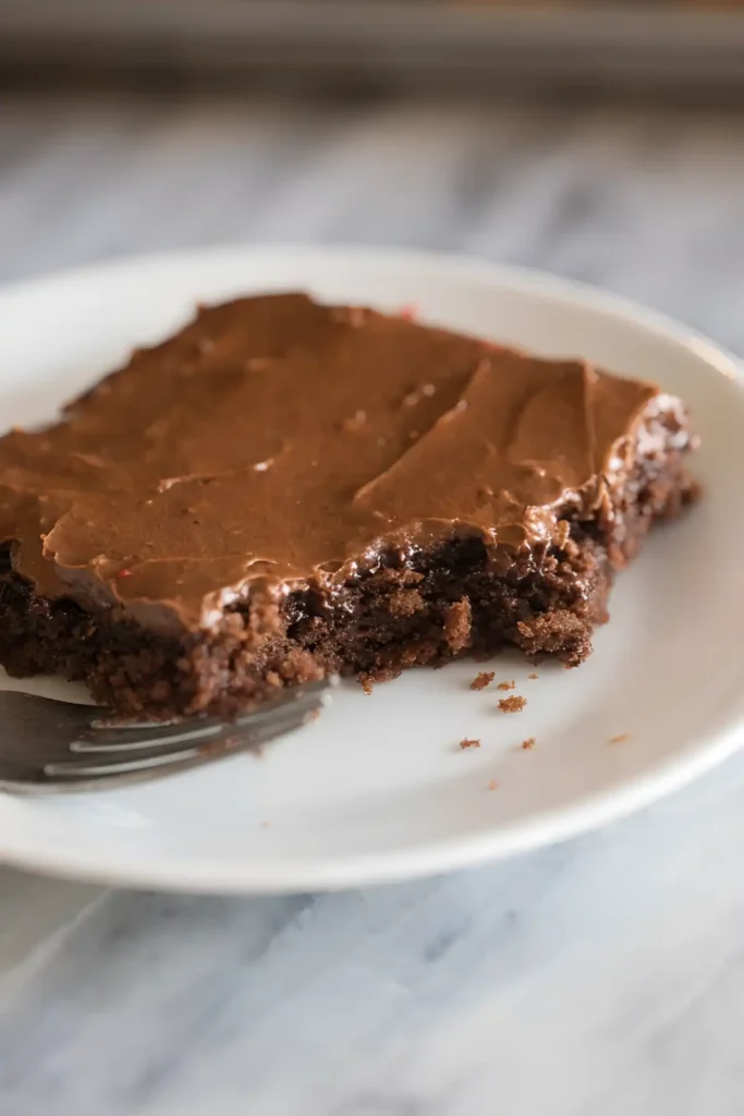 Slice of Texas sheet cake on a white plate with chocolate frosting and a bite taken out