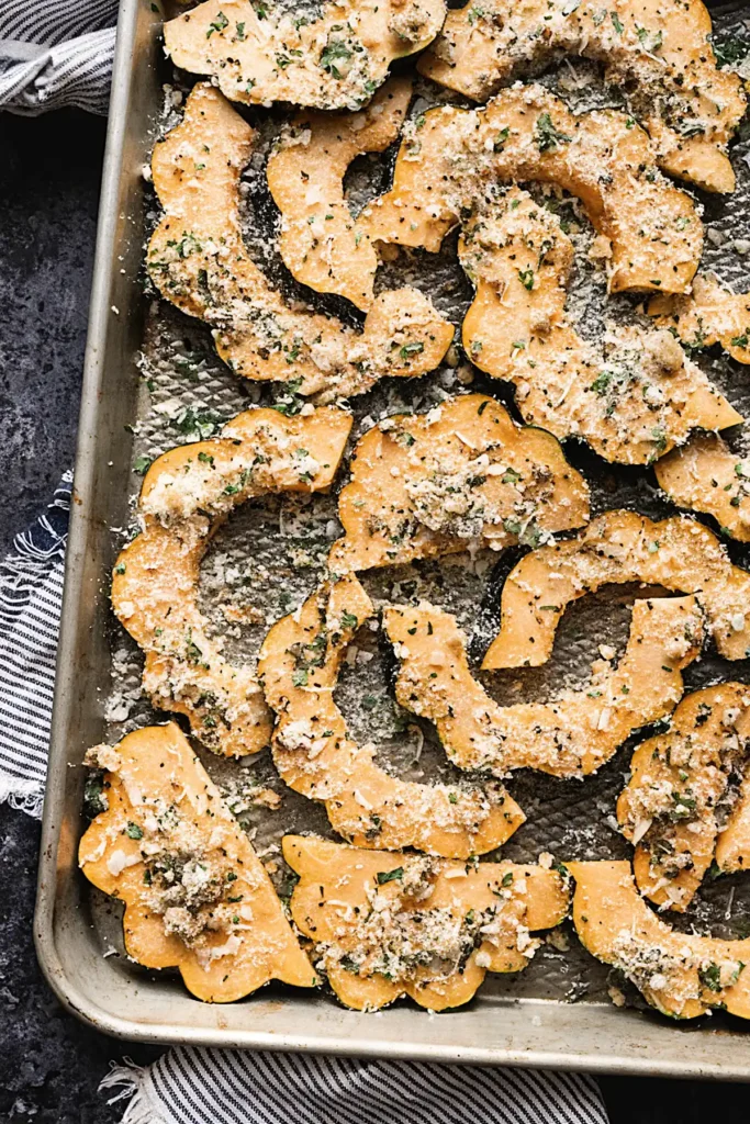 Acorn squash recipe slices coated with Parmesan cheese and herbs arranged on a baking sheet before roasting.