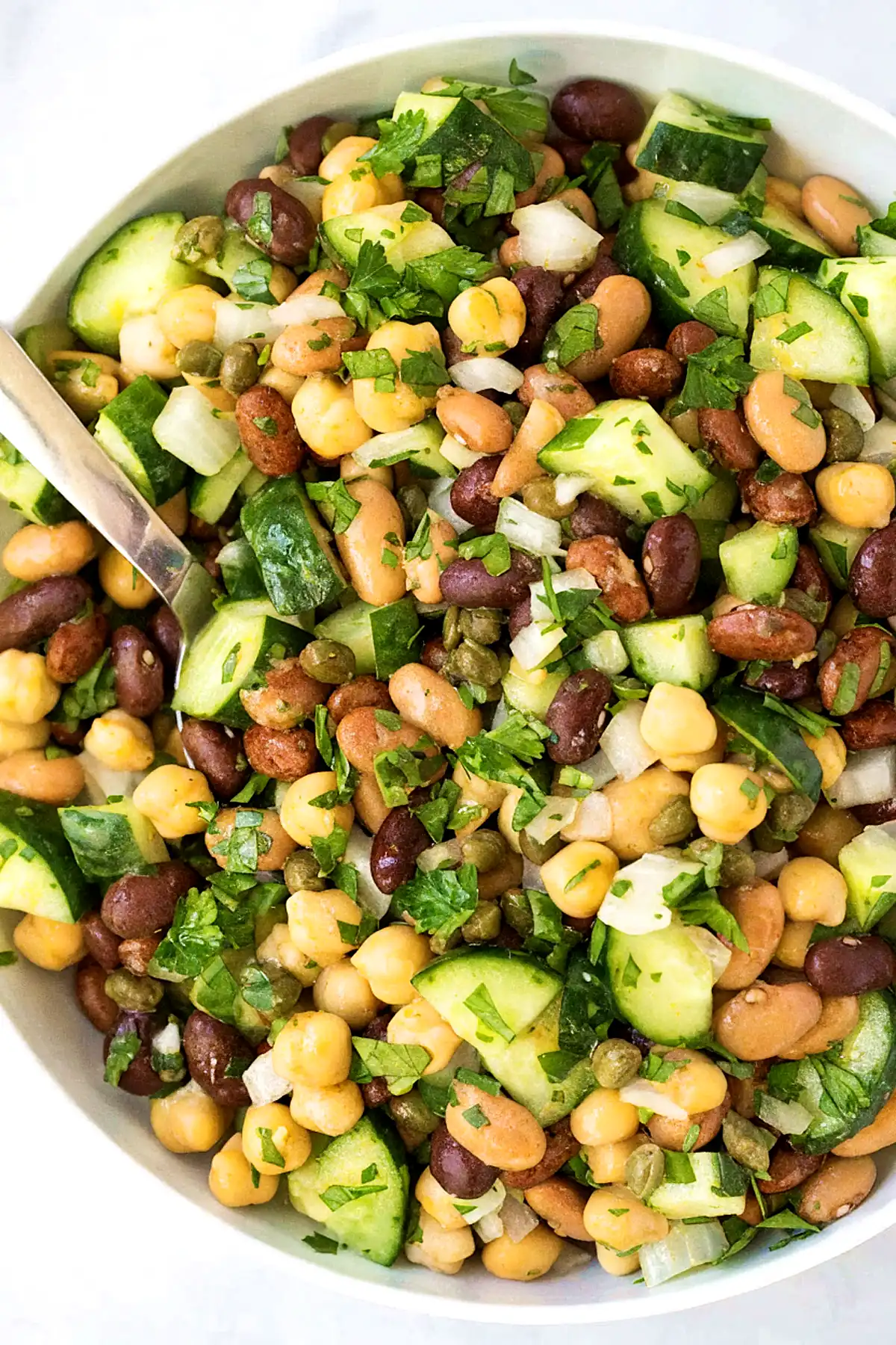 Close-up of homemade bean salad with chickpeas, black beans, pinto beans, cucumber, onions, capers, and fresh parsley in a white bowl.