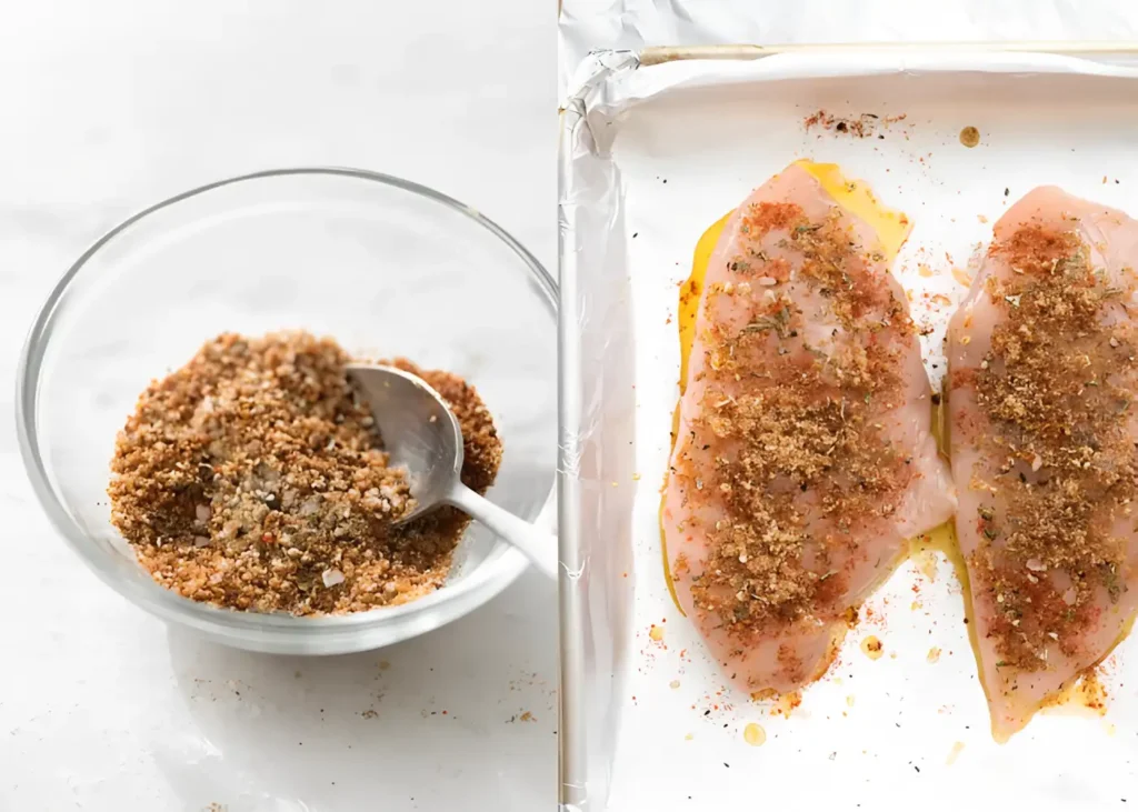 Boneless skinless chicken breast recipe prep with homemade seasoning mix and raw chicken breasts on a baking tray.