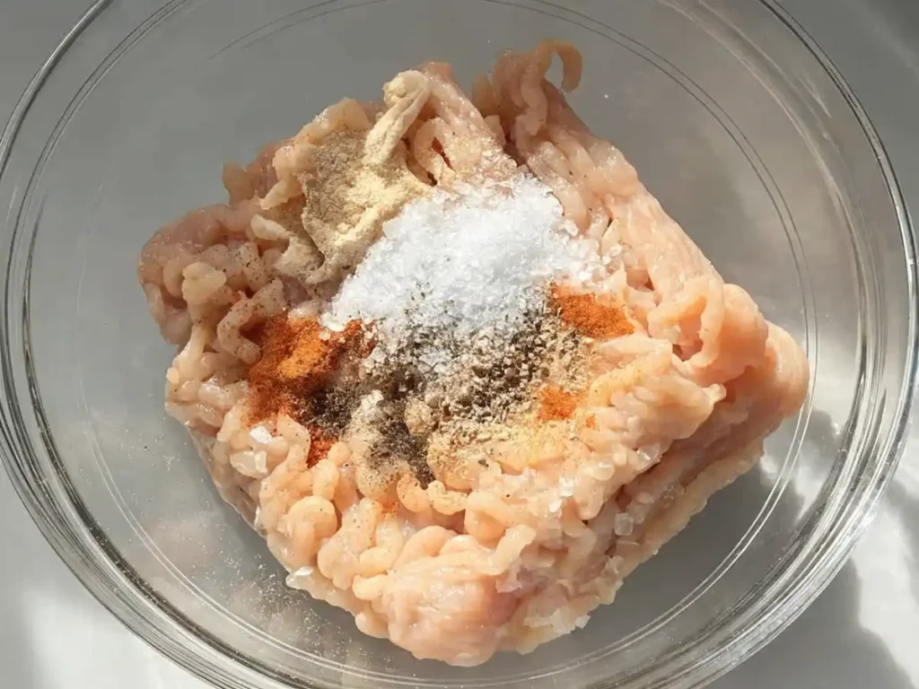 Ground chicken in a glass bowl seasoned with paprika, garlic powder, onion powder, salt, and black pepper for homemade chicken nuggets.