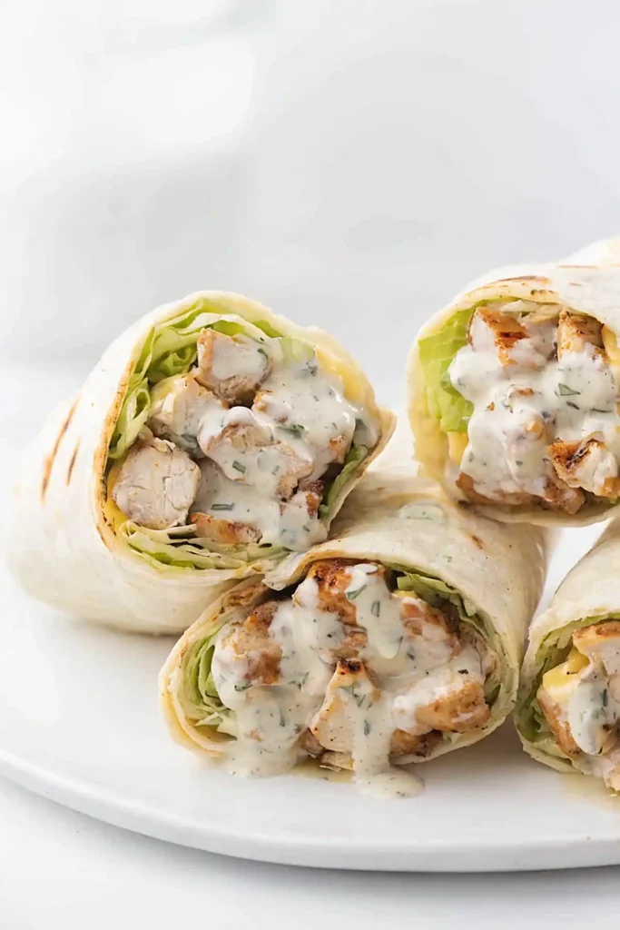 Chicken wraps filled with grilled chicken, lettuce, cheese, and creamy ranch sauce served on a white plate.