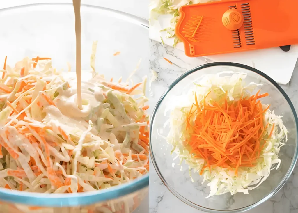 Creamy coleslaw dressing being poured over shredded cabbage and carrots in a glass bowl beside freshly shredded vegetables and a mandoline slicer.