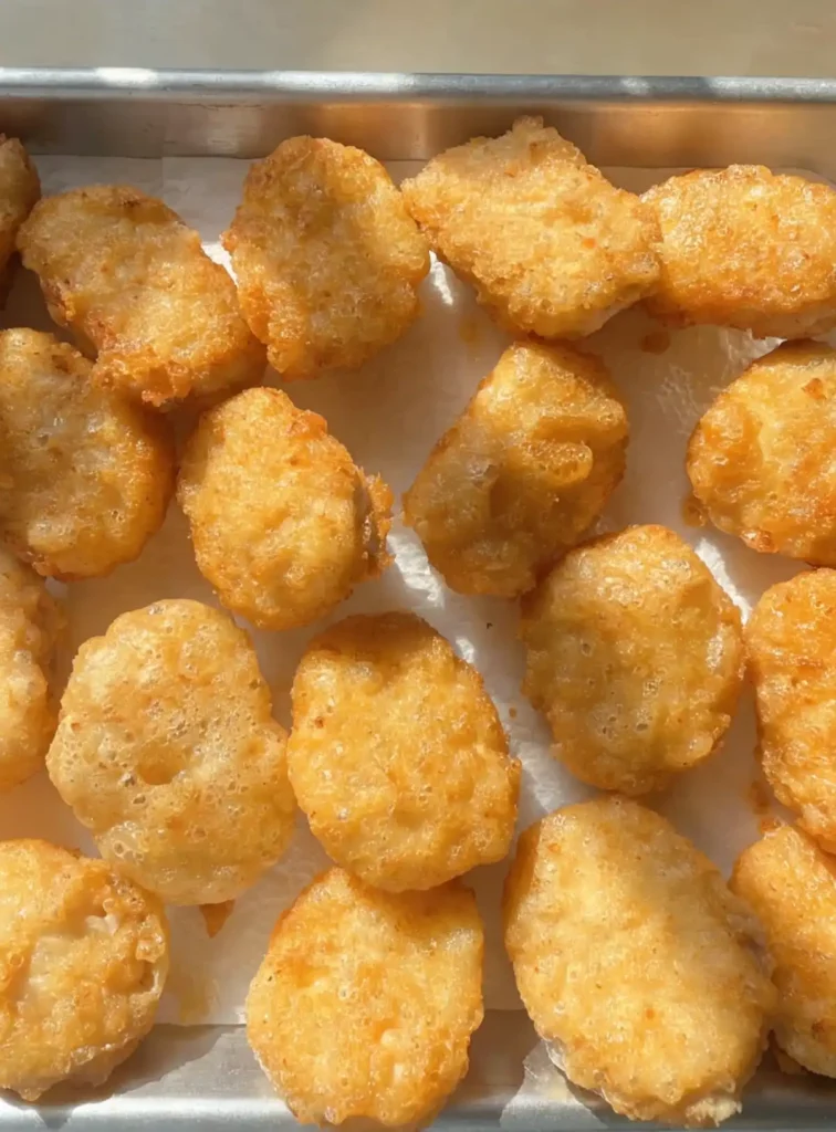 Crispy homemade chicken nuggets cooling on a sheet pan lined with paper towels after frying.