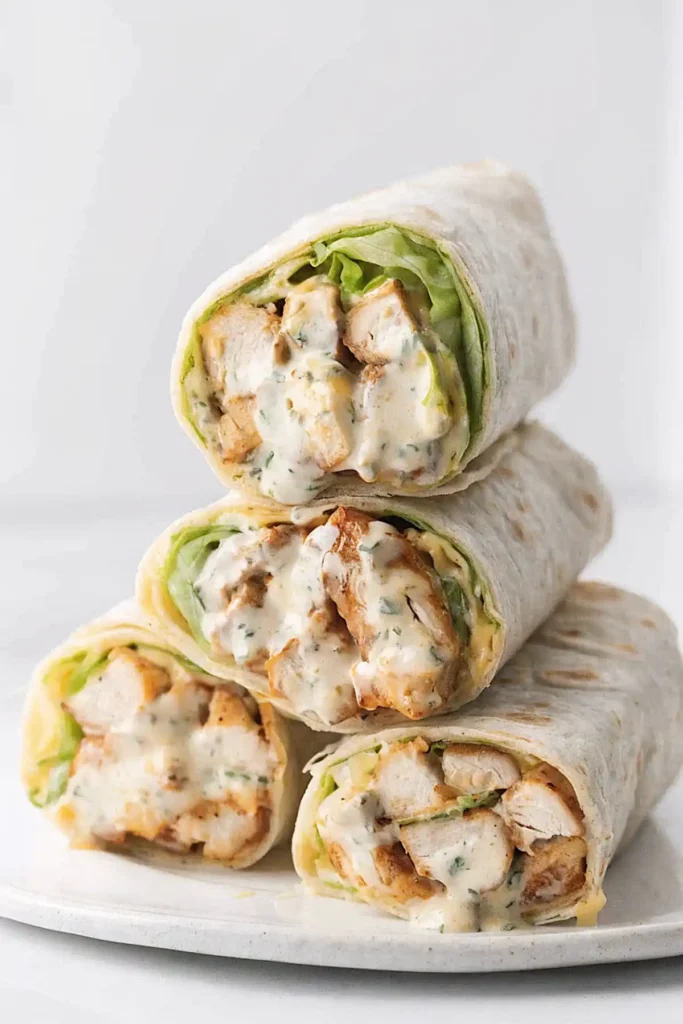 Crispy chicken wraps stacked on a white plate with grilled chicken, lettuce, cheese, and creamy ranch sauce.
