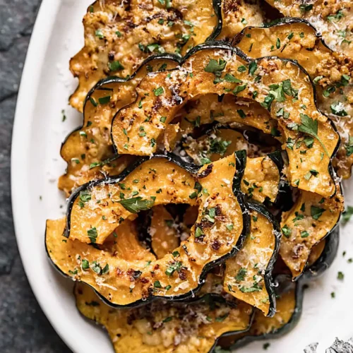 Easy acorn squash recipe served on a white platter with roasted Parmesan crusted acorn squash slices topped with fresh parsley.