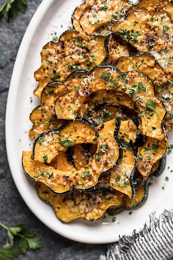 Easy acorn squash recipe served on a white platter with roasted Parmesan crusted acorn squash slices topped with fresh parsley.