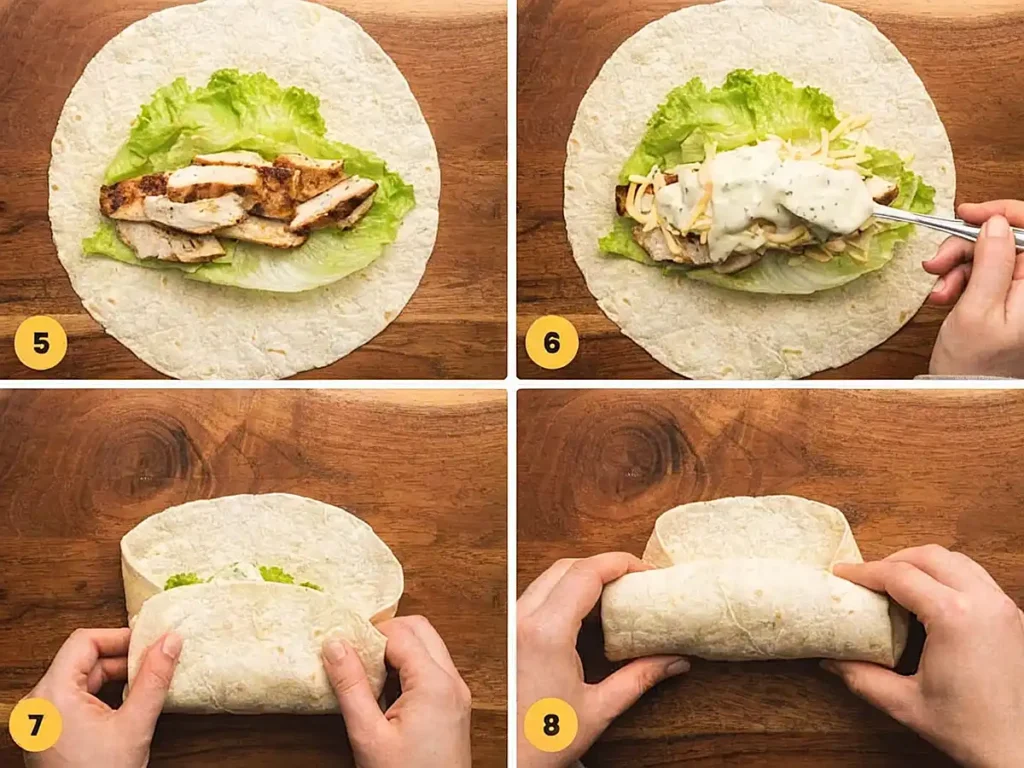 Step-by-step collage showing how to assemble chicken wraps with lettuce, grilled chicken, cheese, ranch sauce, and tortilla folding.