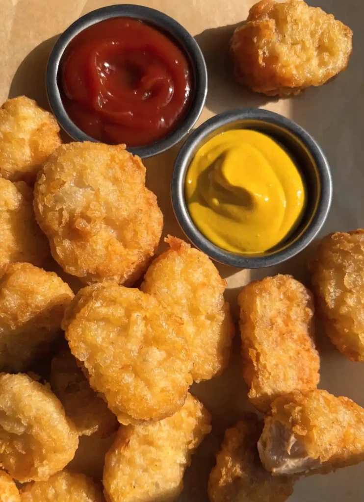 Golden fried chicken nuggets served with ketchup and mustard dipping sauces on parchment paper.