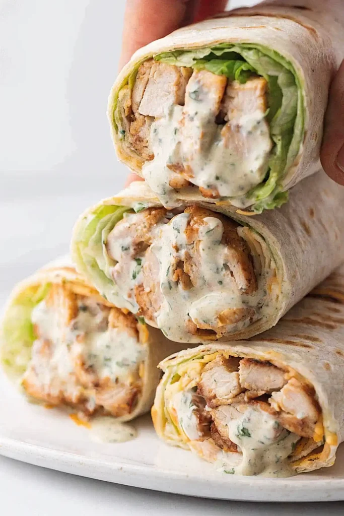 Stacked grilled chicken wraps filled with lettuce, shredded cheese, and creamy ranch sauce on a white plate.